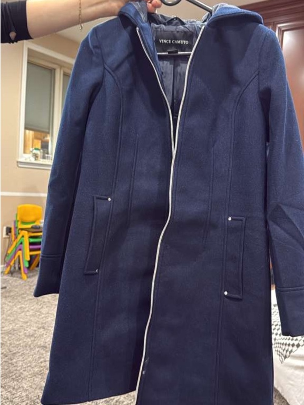 Vince Camuto Navy Hooded Wool-Blend Trench Coat